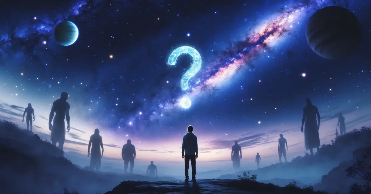 Human mystery concept exploring our origins, existence, loneliness in the universe, and why modern humans live shorter lives