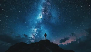 A solitary human figure standing on a hill beneath a vast star-filled sky, gazing at glowing galaxies and distant planets.