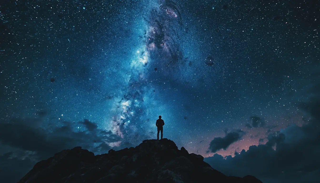 A solitary human figure standing on a hill beneath a vast star-filled sky, gazing at glowing galaxies and distant planets.