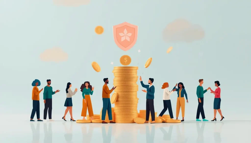 A family standing in front of a modern home under a glowing umbrella representing financial protection.