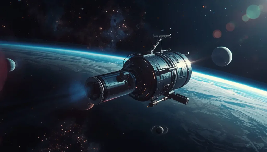 A space telescope scanning distant stars and planets in deep space.