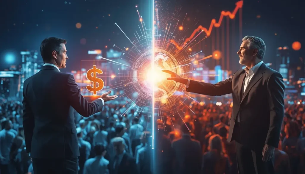 A realistic illustration showing a businessperson holding an abstract digital currency symbol opposite a leader addressing a crowd, set against a modern city skyline with abstract data and communication visuals