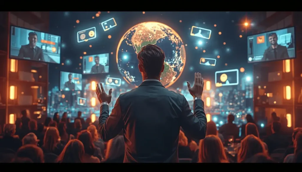 Photorealistic cityscape at dusk with a Money and Power of glass-walled boardroom in the foreground, featuring documents, a laptop, a tablet with abstract financial charts, and subtle data reflections on surrounding buildings.