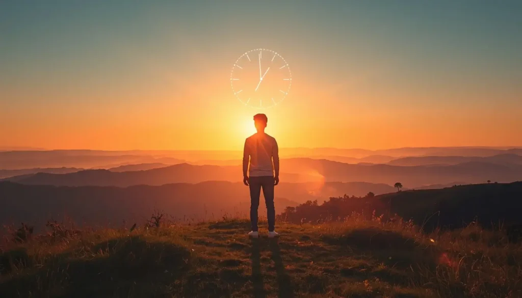 A person on a hilltop at sunrise contemplating time, with a glowing clock overlay in the sky.