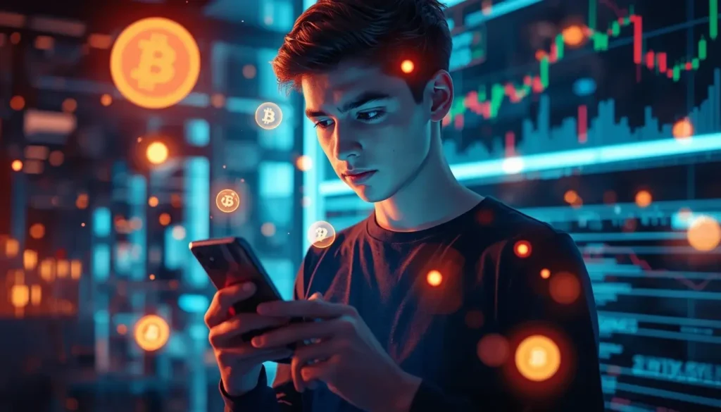 A realistic scene of a teenager using a smartphone for digital financial transactions, with abstract glowing symbols and floating market graphs in a futuristic, high-tech environment.