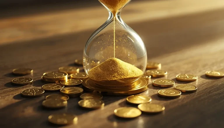 An hourglass with sand falling beside scattered gold coins, illustrating the value of time over wealth.