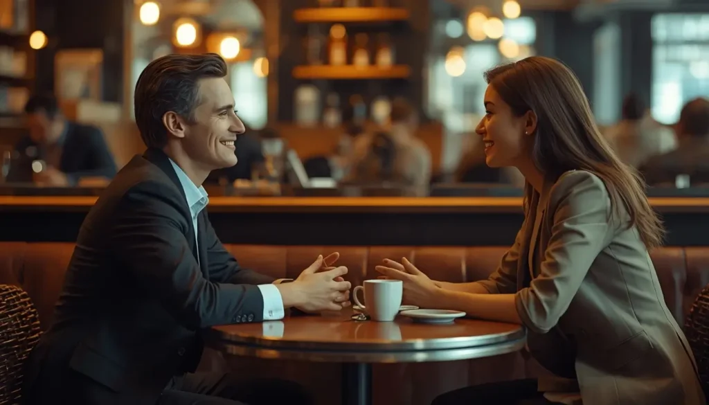 Two friends or colleagues sitting at a café table, engaged in deep conversation with warm expressions, representing trust and authentic relationships.
