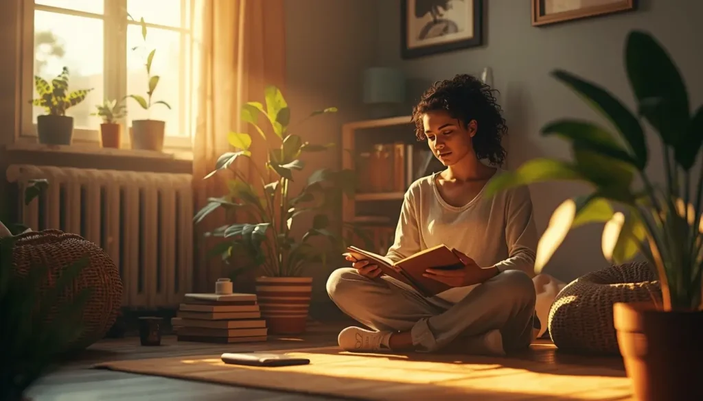 Life and Person sitting cross-legged in a sunlit room, journaling thoughtfully, surrounded by books and plants, representing mindfulness and self-exploration.