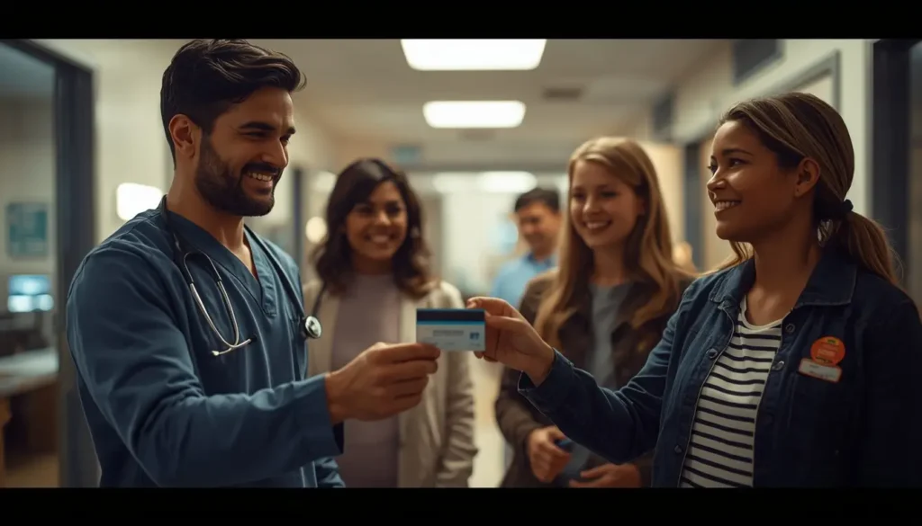 Medical professional handing a health insurance card to a smiling family in a hospital.