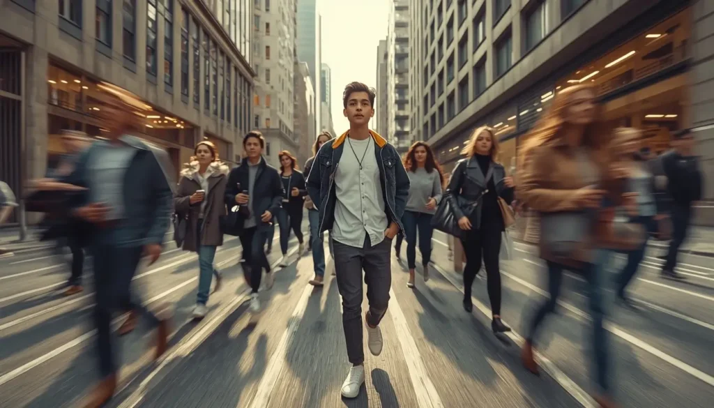 Young adult walking confidently through a busy urban street while people around them are blurred, symbolizing individuality and breaking societal norms.