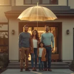 A family standing in front of a modern home under a glowing umbrella representing financial protection.