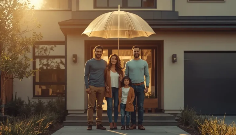 A family standing in front of a modern home under a glowing umbrella representing financial protection.