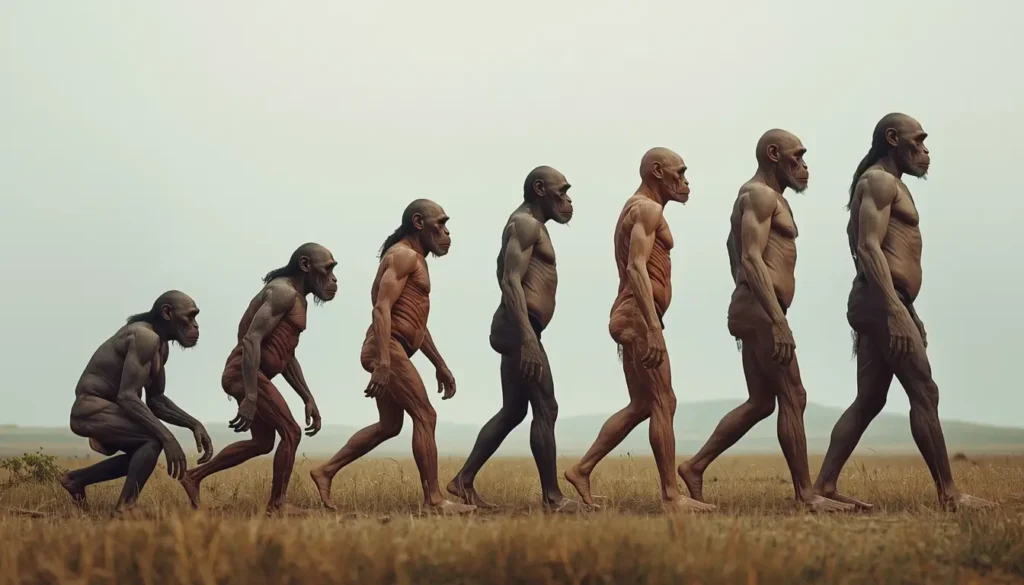 Illustration showing the gradual evolution of humans from early ancestors to modern form.