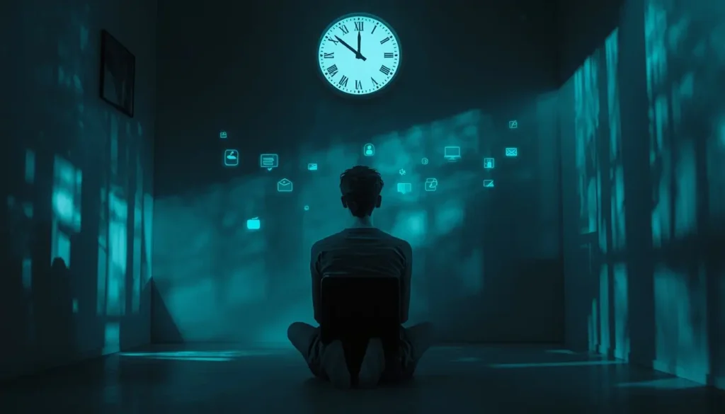 A person sitting alone in a dark room surrounded by glowing digital screens and clocks.