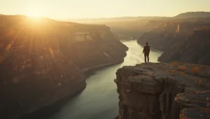 Person standing on a cliff at sunrise overlooking mountains and rivers, symbolizing self-discovery and personal growth.
