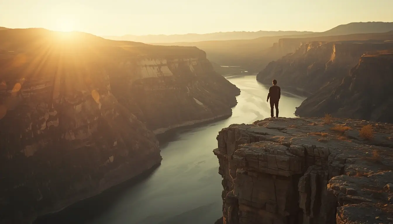 Person standing on a cliff at sunrise overlooking mountains and rivers, symbolizing self-discovery and personal growth.