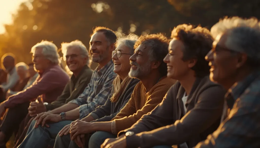 A diverse group of people talking together outdoors during sunset.