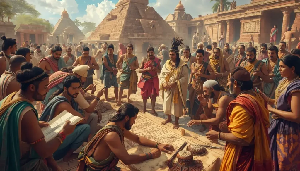 Ancient artisans crafting pottery, metalwork, and textiles in a lively marketplace.