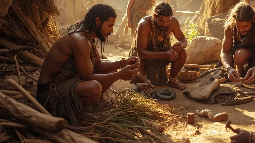 Stone-age toolmakers carving stone tools beside a campfire in a natural prehistoric environment.