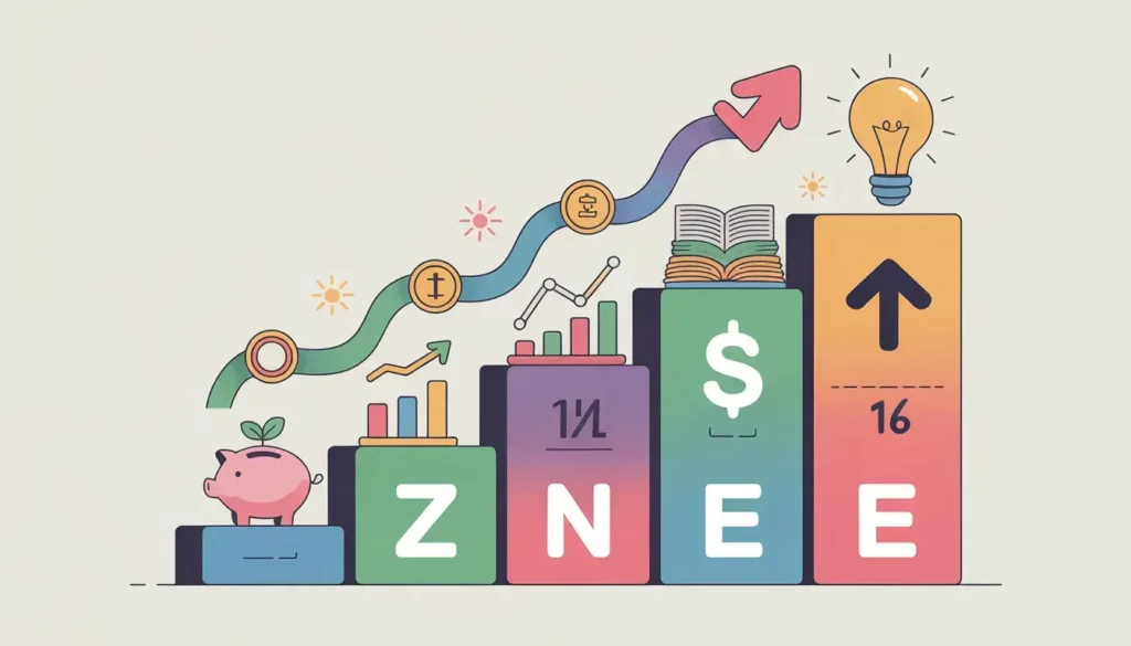Investment Colorful roadmap staircase ascending from 'Zero' to 'One' with milestones like savings, investments, learning, and growth, symbolizing financial and personal progression."