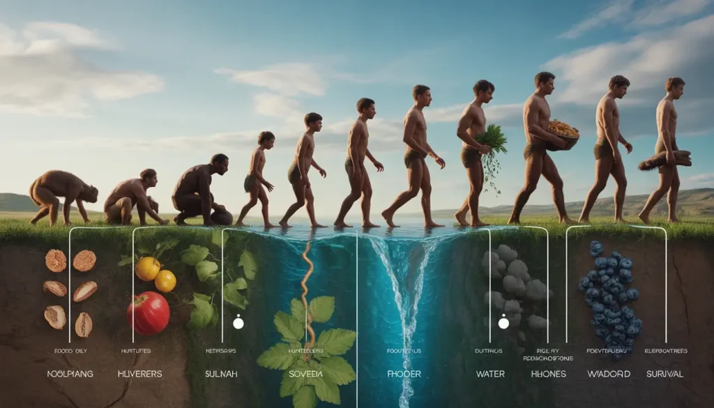 Timeline showing human evolution and dependence on nourishment and hydration