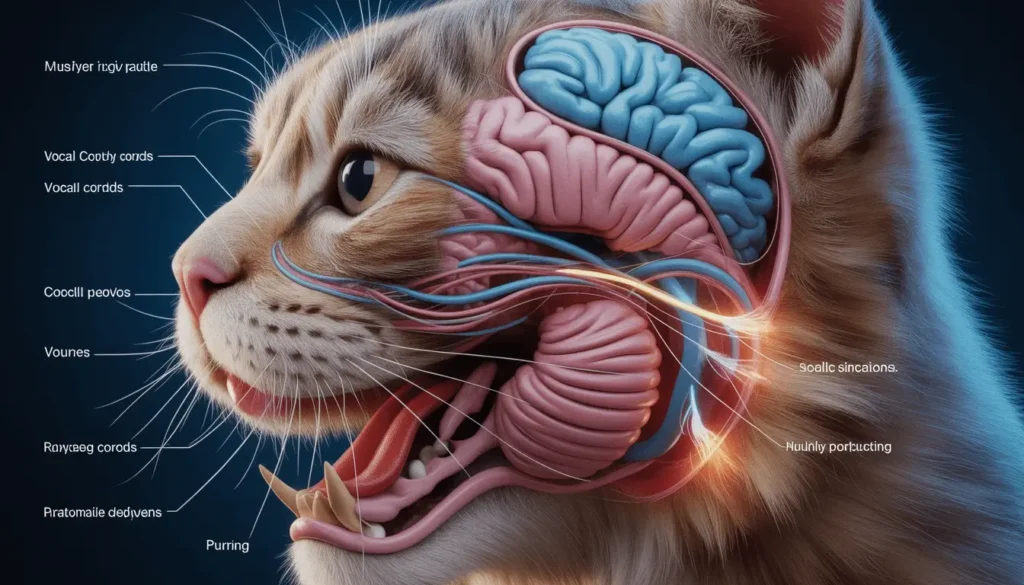Detailed diagram of a cat’s larynx, vocal cords, and brain pathways that produce purring.
