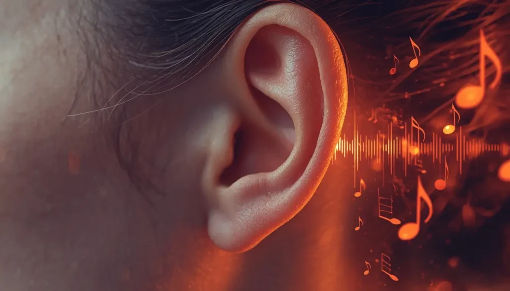 Music and Sound Abstract sound waves and musical notes entering a human ear to symbolize healing and perception