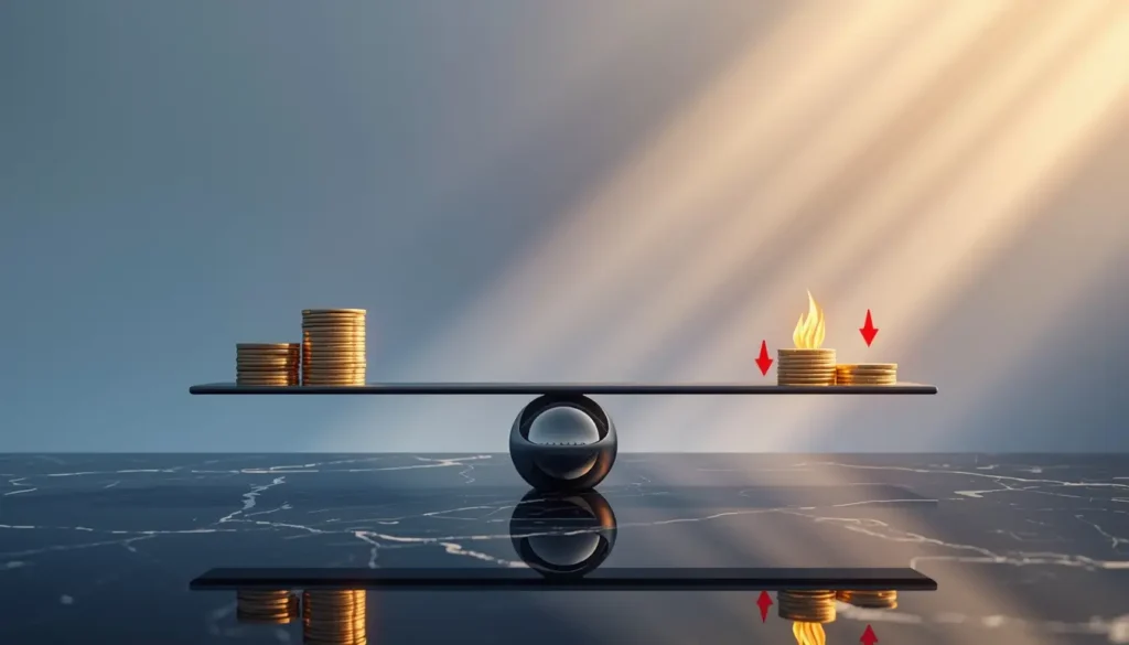 "Conceptual digital artwork of a balancing scale with gold coins on one side and investment risk icons on the other, set against a soft gradient background representing careful financial decision-making."