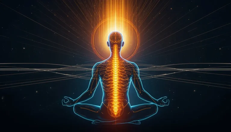 Meditation practice boosting mental focus and brain power with glowing energy