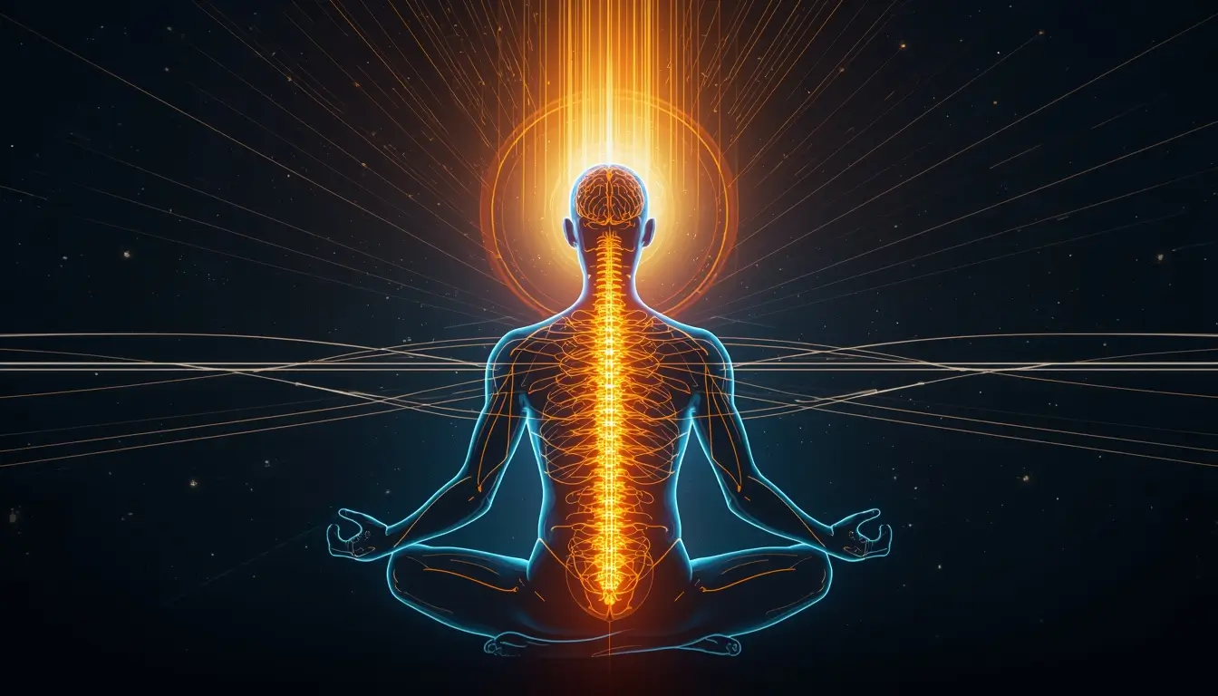 Meditation practice boosting mental focus and brain power with glowing energy