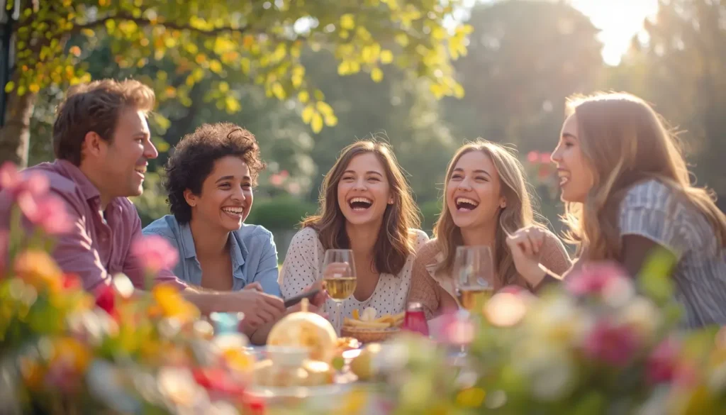"A group of friends enjoy a picnic in a sunlit park with soft pastel colors, laughing and sharing joyful moments."