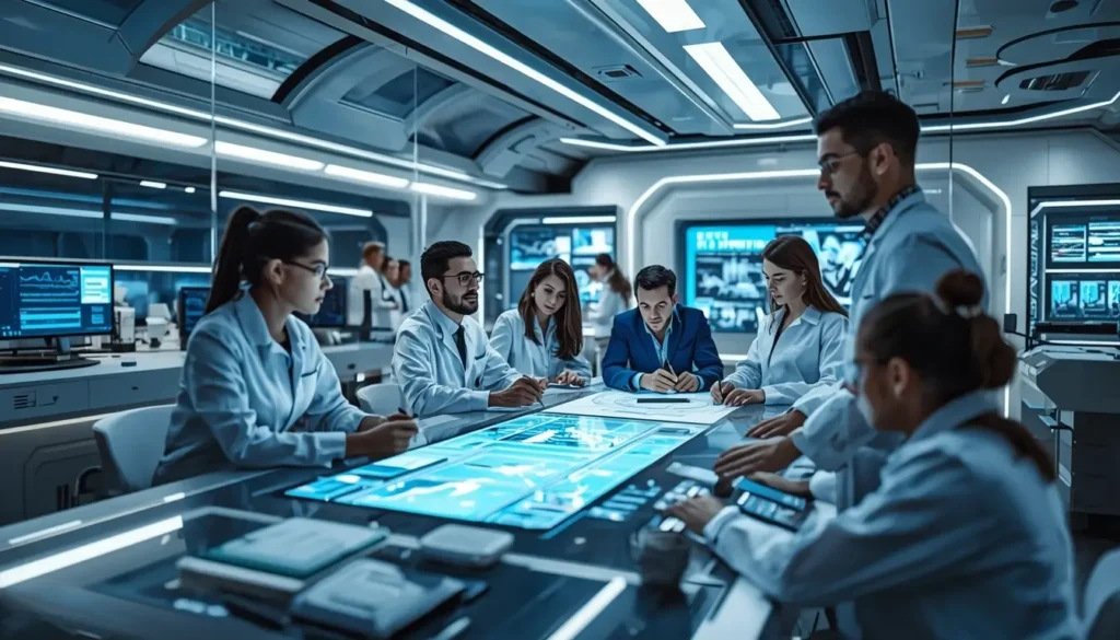 Realistic cinematic scene of a diverse team of scientists, engineers, and creators collaborating in a futuristic high-tech workspace with holographic displays, interactive digital tools, and advanced lab equipment, emphasizing teamwork, strategic thinking, and innovation.