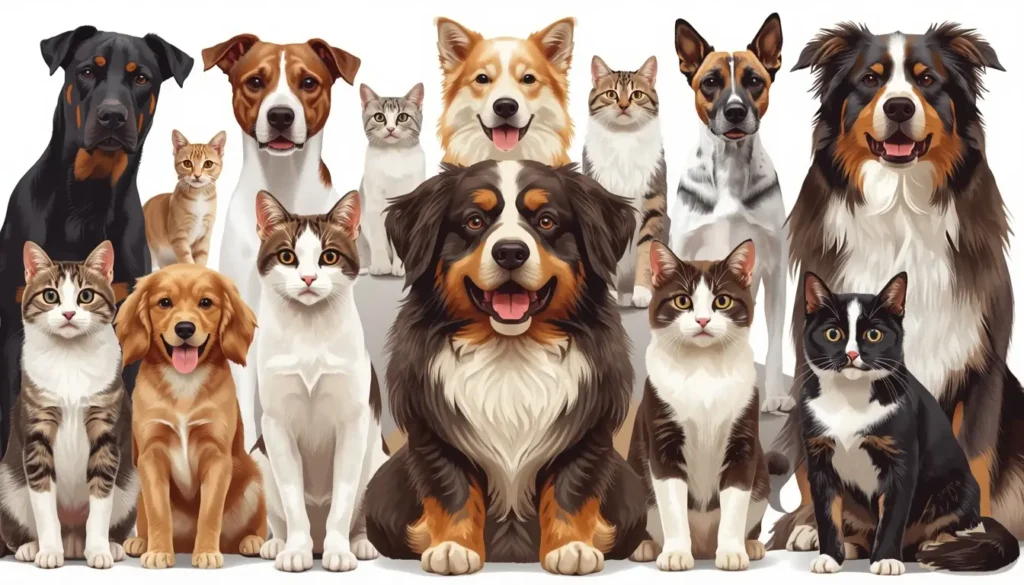 An educational illustration showing multiple dog and cat breeds, each breed clearly distinguishable with unique features, poses, and fur patterns, highlighting the diversity of cats and dogs