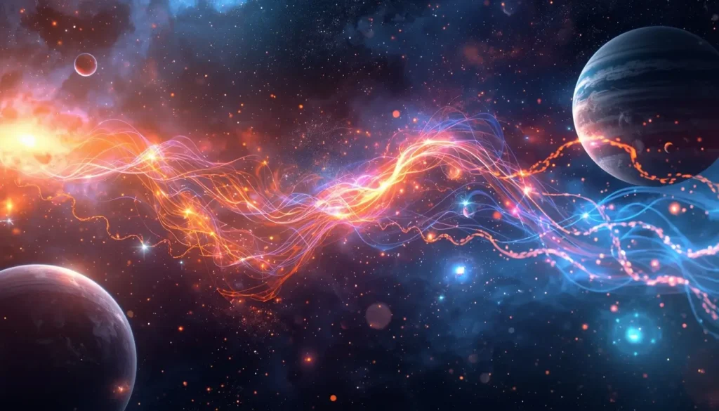 Abstract cosmic energy waves across planets and stars representing universal sound and music