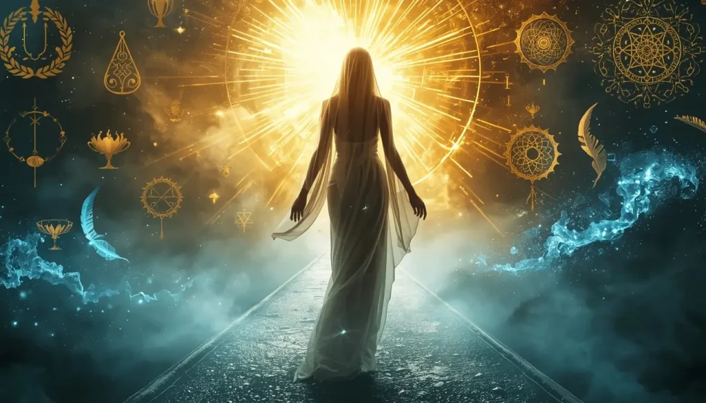 Abstract ethereal figures reaching toward each other amid glowing energy waves and floating mythological symbols, symbolizing human ambition and divine inspiration in a mystical cosmic environmen