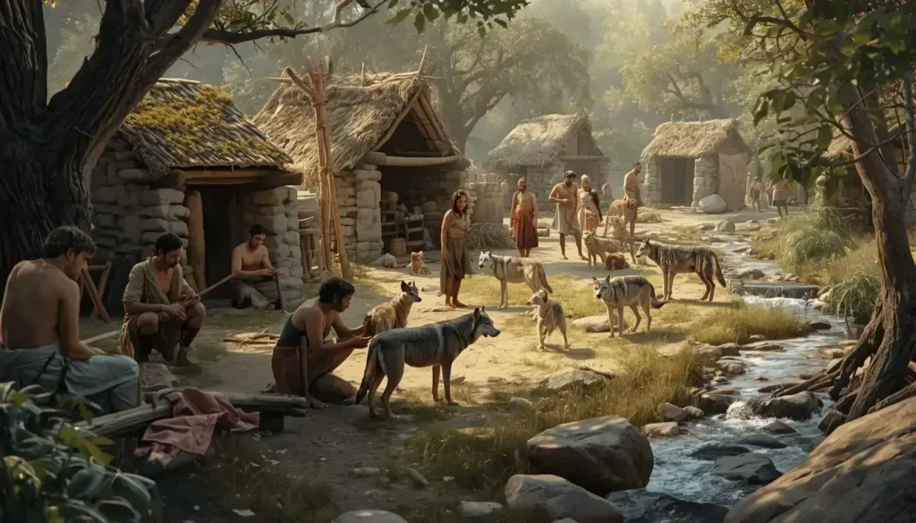 Early humans interacting with wolves and wild cats in a stone-age village, surrounded by natural scenery, primitive tools, and soft earthy tones, illustrating historical connections between humans, cats, and dogs