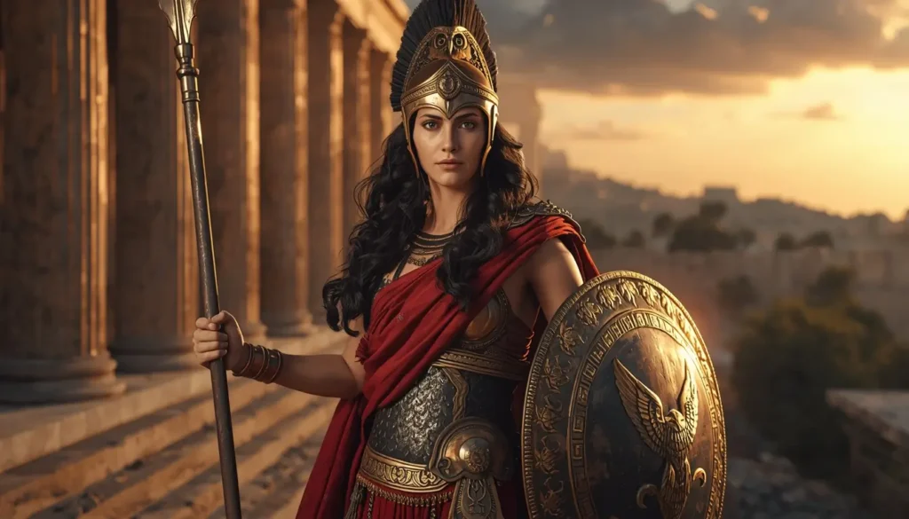 Athena goddess of wisdom standing with strength and calm authority in Greek mythology
