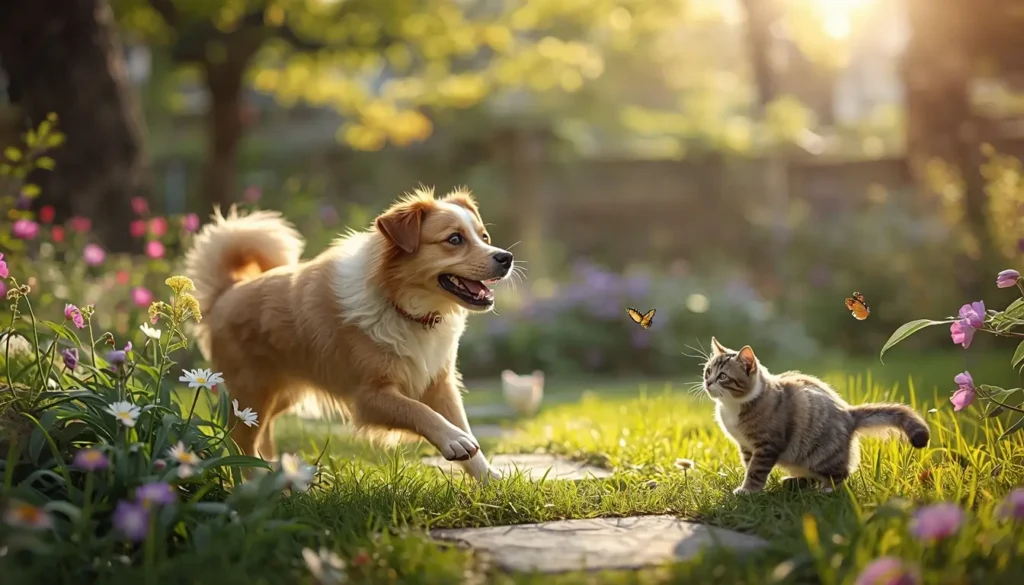 A dog and a cat playing in a sunlit garden with blooming flowers and butterflies, capturing a joyful moment between cats and dogs in nature.