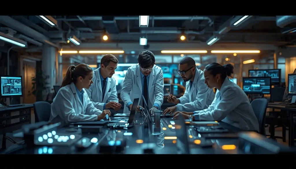 A modern high-tech workspace with scientists, engineers, and creators collaborating around advanced digital tools, highlighting adaptation, innovation, and strategic teamwork.