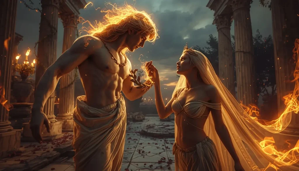 A god and mortal woman reaching toward each other amid swirling divine energy and symbolic flames in a crumbling classical temple, representing temptation, moral conflict, and mythological tension