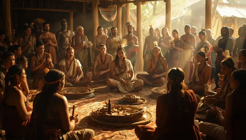 Individuals in an ancient civilization exchanging knowledge in a marketplace-style learning area.