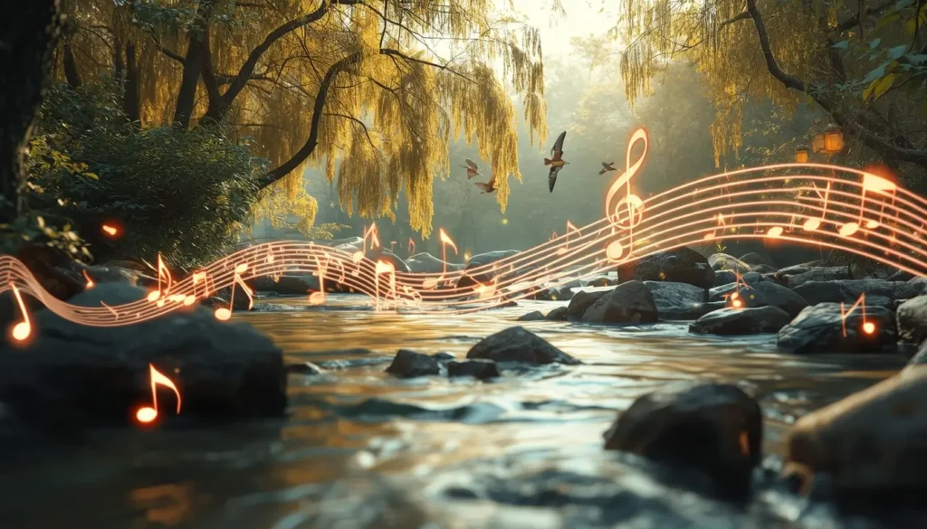 Nature scene with flowing water, birds, and musical notes symbolizing music reflecting natural sounds