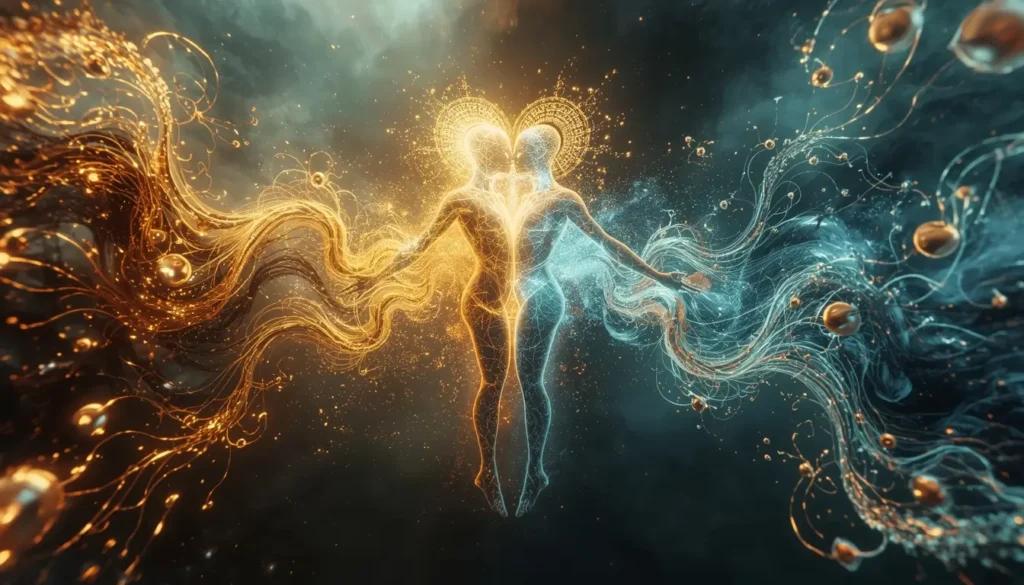 Surreal abstract depiction of human and divine desire as intertwined ethereal figures with glowing energy waves, floating mythological symbols, and a dreamlike cosmic nebula, symbolizing temptation and emotional tension