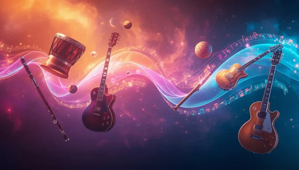 Sound and Music with Various musical instruments floating in cosmic space with connecting sound waves representing harmony