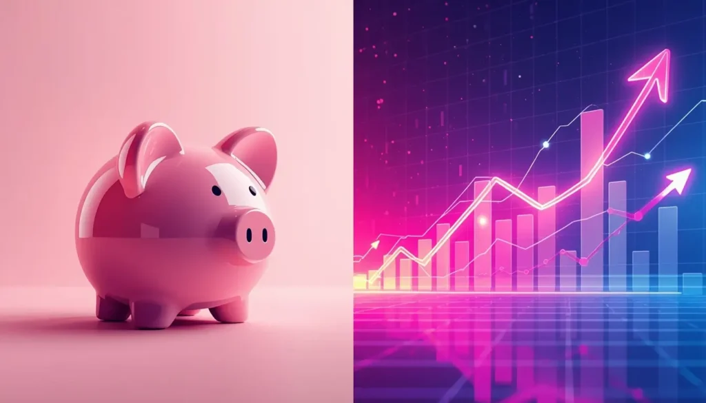 "Split-screen illustration of a modern piggy bank and a rising stock market graph connected by glowing lines, symbolizing money flow, savings, and financial growth for beginners."