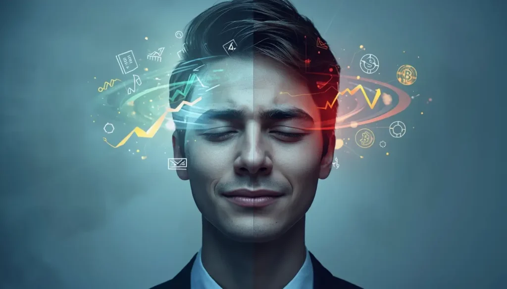 "Conceptual illustration of a person split between calm and stressed emotions, surrounded by floating investment symbols like stocks, bonds, and charts, highlighting financial decision-making and mindset."