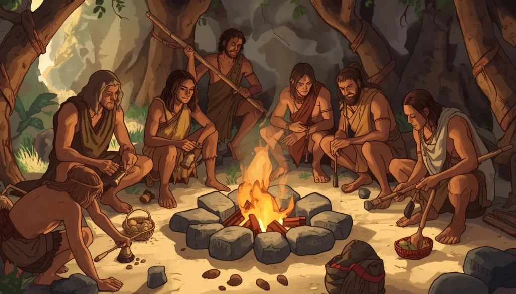 Group of early humans roles making tools, gathering food, and preparing fire in a cooperative scene.