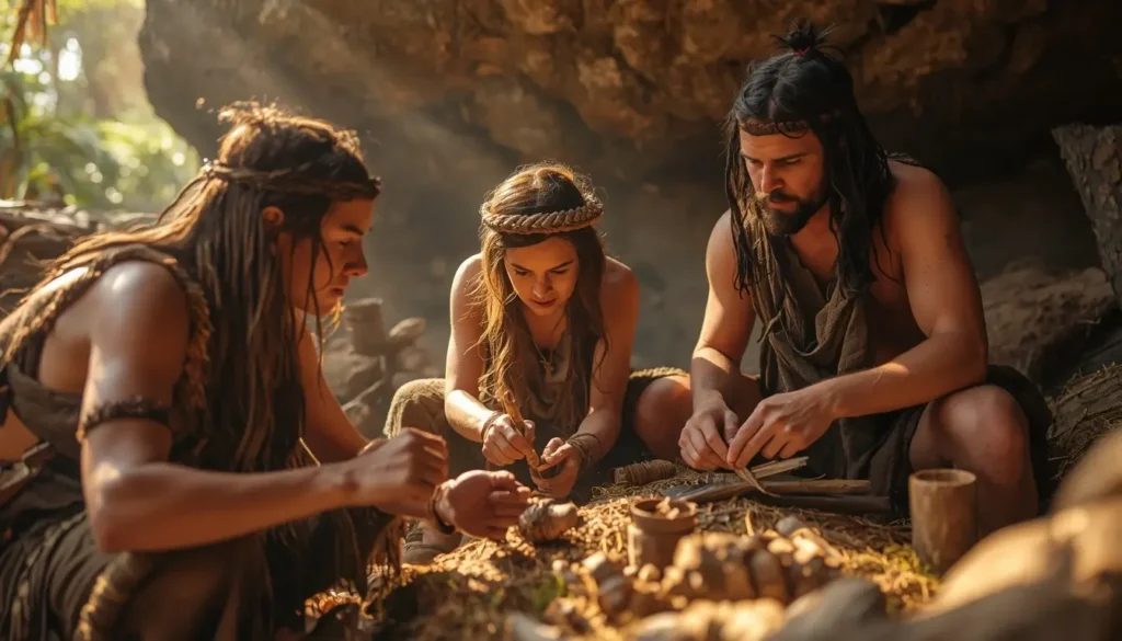A realistic scene of prehistoric Adaptation, humans working together to survive, including hunters, gatherers, and toolmakers, highlighting strategic cooperation, problem-solving, and early human resilience.