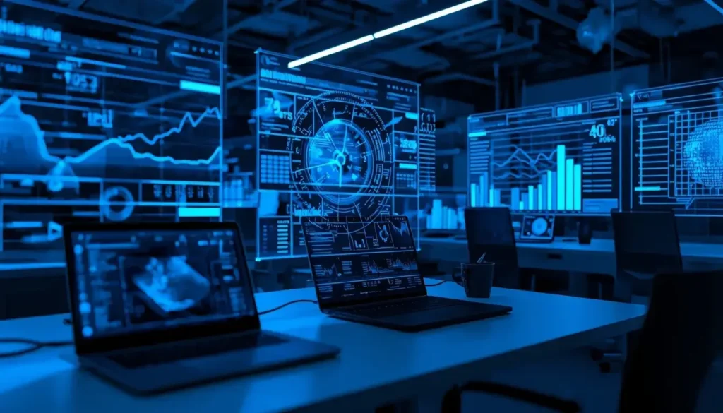 Futuristic workspace with holograms, AI dashboards, and laptop screens displaying artificial intelligence data in calm blue lighting