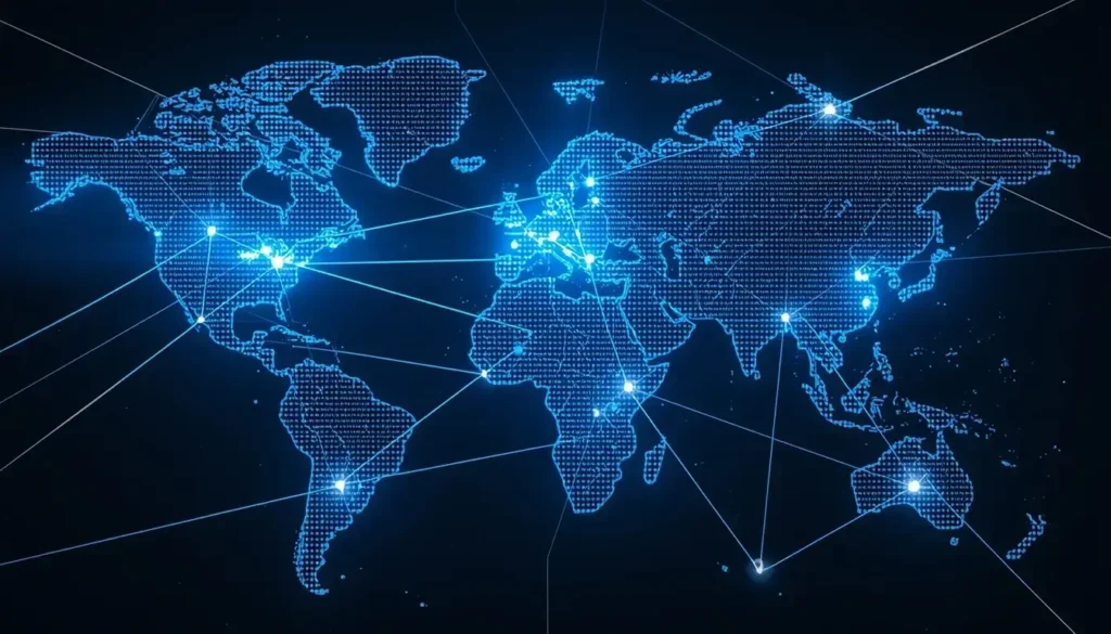 World map turning into digital data streams with AI network connections in a clean modern tech style